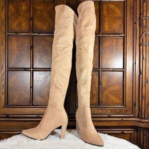 Honey Beige Stretch Faux Suede Over Knee Pointed Toe Side Zip Block Heel Boot